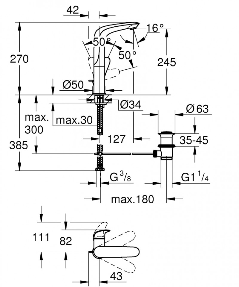Grohe Wave L bateria umywalkowa z korkiem automatycznym chrom połysk 23584001
