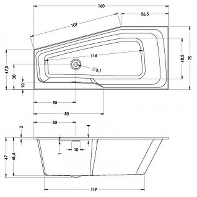 Riho Rethink Space wanna asymetryczna 160x75 prawa z syfonem biały połysk BR13005
