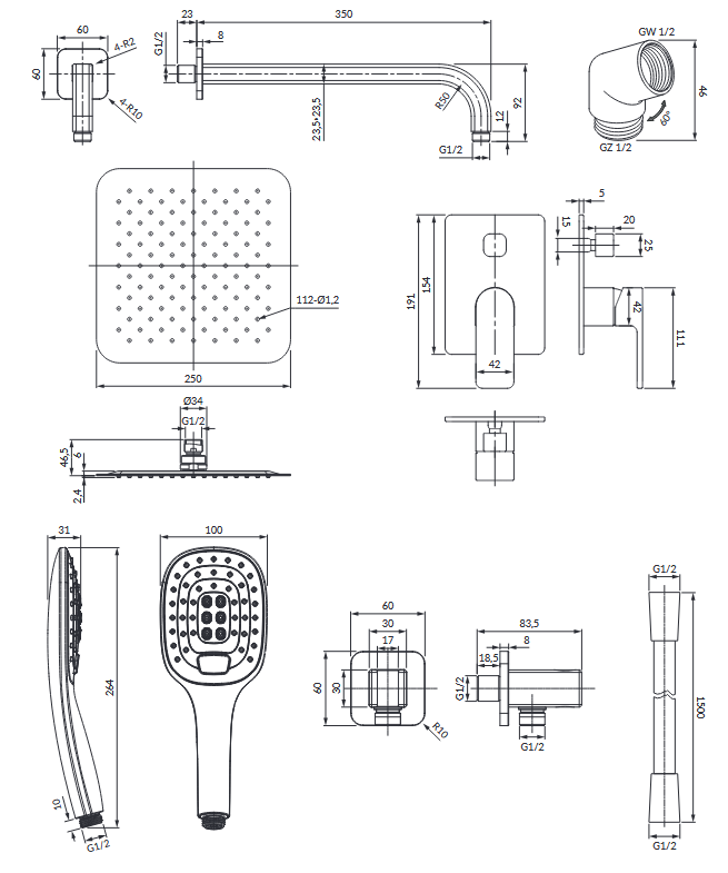Omnires Baretti System zestaw podtynkowy z deszczownicą 20x20 czarny mat SYSBA10BL