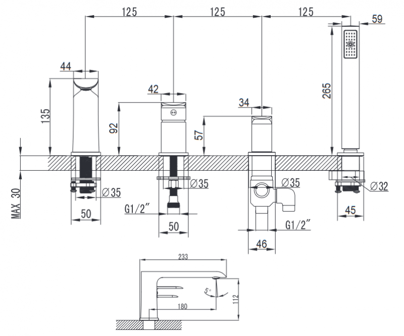 Omnires Sacramento bateria wannowa 4-otworowa chrom/biały SC2332CRB