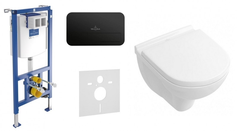 Villeroy&Boch ViConnect + O.novo Compact Directflush 49cm - Zestaw 5w1 - kompletny stelaż + przycisk czarny mat + muszla + deska wolnoopadająca