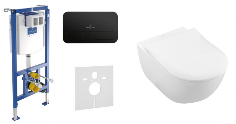 Villeroy&Boch ViConnect + Subway 2.0 Directflush - Zestaw 5w1 - kompletny stelaż + przycisk czarny mat + muszla + deska wolnoopadająca slim