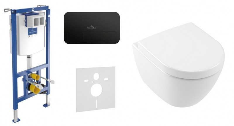 Villeroy&Boch ViConnect + Subway 2.0 Compact Directflush - Zestaw 5w1 - kompletny stelaż +przycisk czarny mat +  muszla 48cm + deska wolnoopadająca