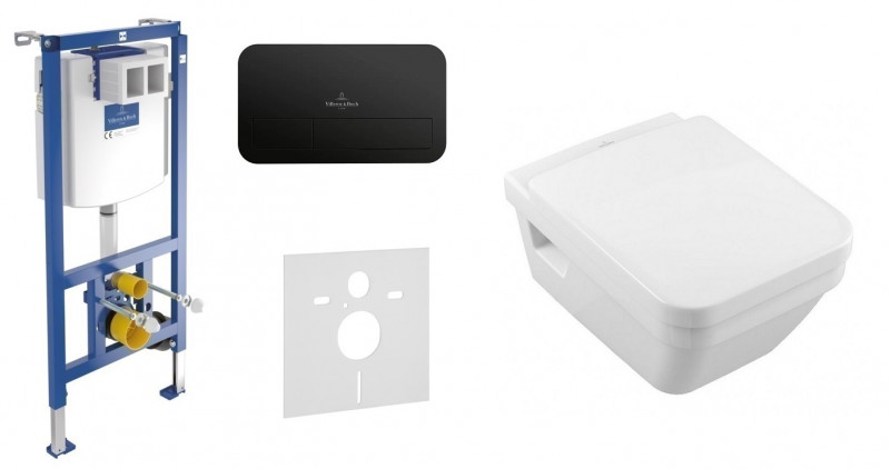 Villeroy&Boch ViConnect + Omnia Architectura DirectFlush - Zestaw 5w1 - kompletny stelaż + przycisk czarny mat + muszla + deska wolnoopadająca