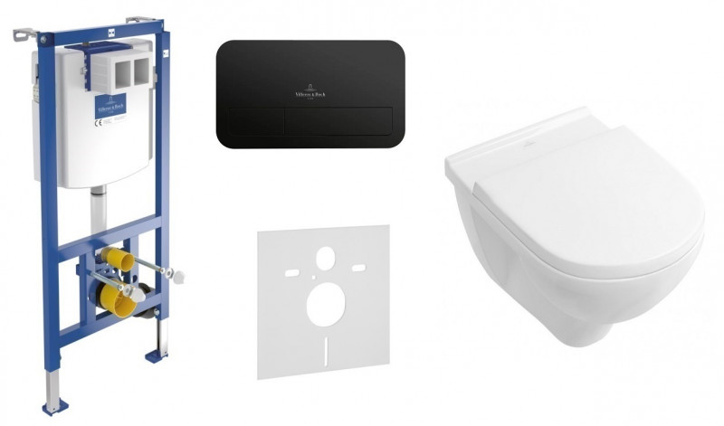 Villeroy&Boch ViConnect + O.novo Directflush - Zestaw 5w1 - kompletny stelaż + przycisk czarny mat + muszla + deska wolnoopadająca