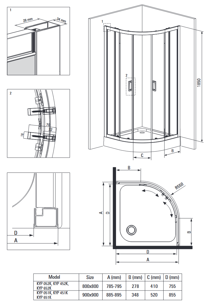 Deante Funkia kabina półokrągła drzwi rozsuwane 90x90 czarny szkło przeźroczyste KYPN51K