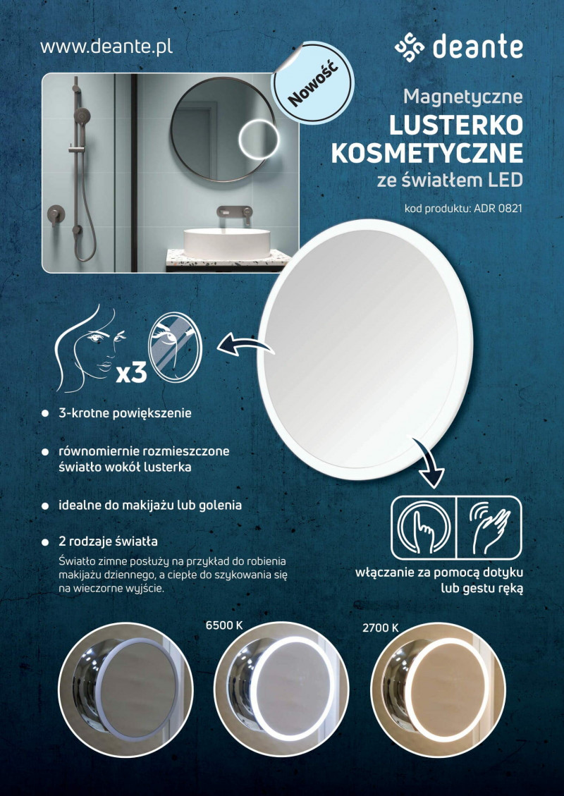 Deante Round Lusterko kosmetyczne magnetyczne - podświetlenie LED ADR0821