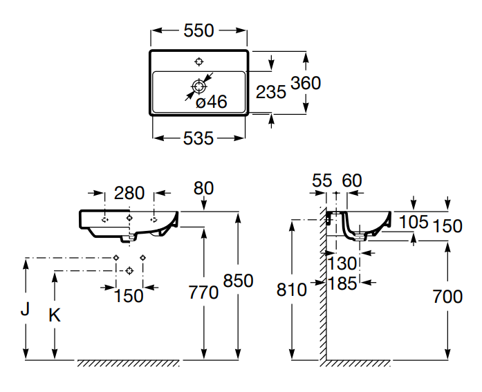 Roca Ona Compacto umywalka wisząca 55x36 Fineceramic biały A327683000
