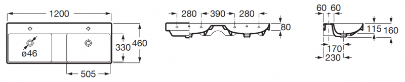 Roca Ona umywalka wisząca podwójna 120x46 Fineceramic biały Supraglaze A32768BS00