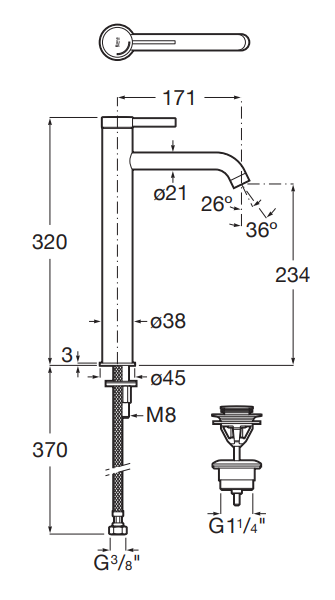 Roca Ona bateria umywalkowa wysoka Cold Start z korkiem click-clack czarny matowy A5A349ENB0