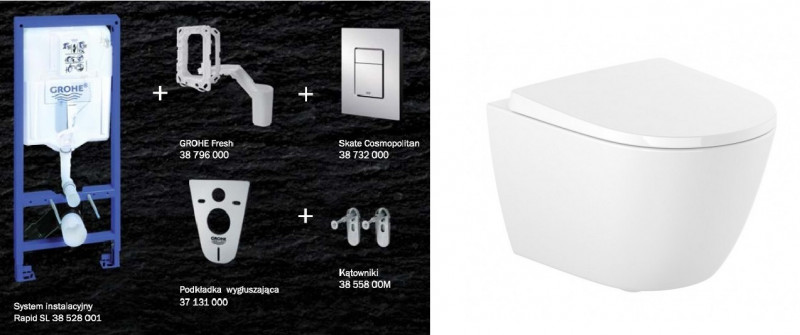Grohe + Roca Ona Compacto Rimless 48cm - Zestaw 7w1 - kompletny stelaż + muszla + deska wolnoopadająca