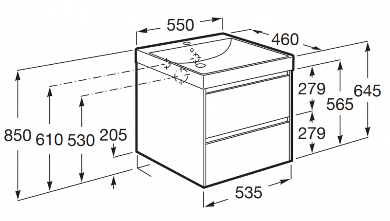 Roca Ona zestaw łazienkowy Unik z 2 szufladami 55 cm ciemny wiąz A851687511