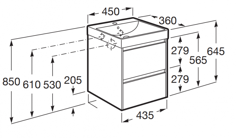 Roca Ona zestaw łazienkowy Unik Compacto z 2 szufladami 45 cm biały mat A851681509