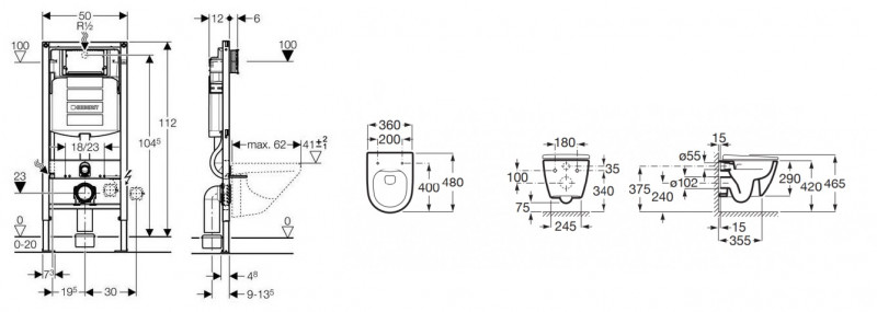 Geberit + Roca Ona Compacto Rimless 48cm - Zestaw 6w1 - kompletny stelaż + muszla + deska wolnoopadająca