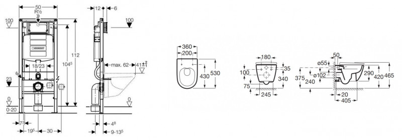 Geberit + Roca Ona Rimless - Zestaw 6w1 - kompletny stelaż + muszla + deska wolnoopadająca