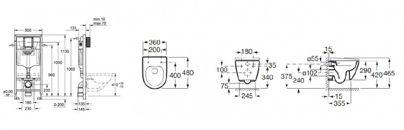 Grohe + Roca Ona Compacto Rimless 48cm - Zestaw 7w1 - kompletny stelaż + muszla + deska wolnoopadająca