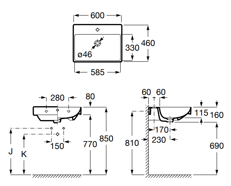 Roca Ona umywalka wisząca 60x46 Fineceramic biały Supraglaze A327686S00