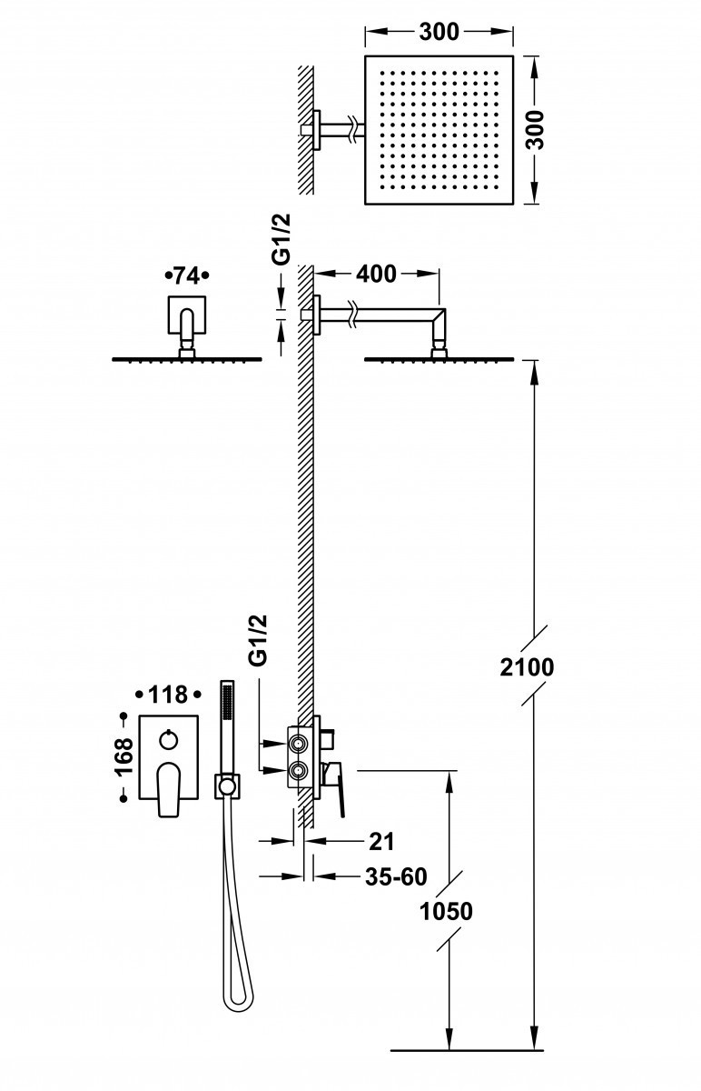 Tres Exclusive Project-Tres zestaw prysznicowy podtynkowy z deszczownicą 30x30 kompletny biały matowy 21128004BM