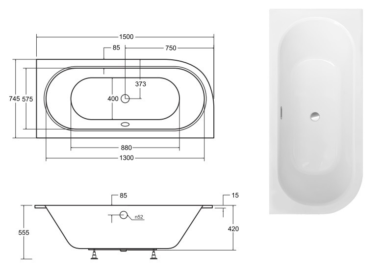 BESCO Avita Slim+ wanna asymetryczna prawa 150x75 z syfonem chrom połysk akryl biały WAV-150-P/S+