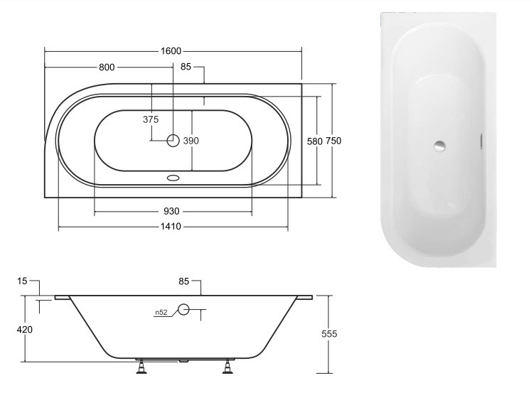 BESCO Avita Slim+ wanna asymetryczna lewa 160x75 z syfonem chrom połysk akryl biały WAV-160-L/S+