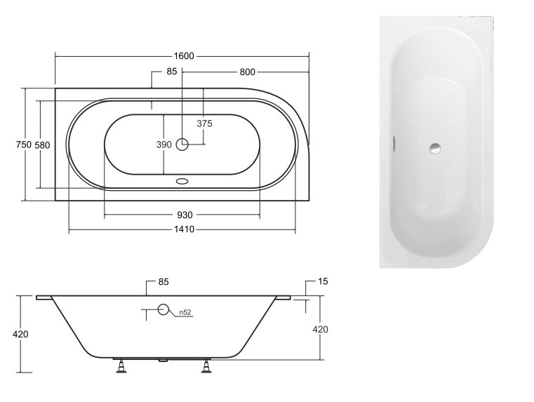 BESCO Avita Slim+ wanna asymetryczna prawa 160x75 z syfonem chrom połysk akryl biały WAV-160-P/S+
