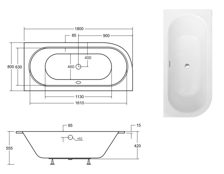 BESCO Avita Slim+ wanna asymetryczna prawa 180x80 z syfonem chrom połysk akryl biały WAV-180-P/S+