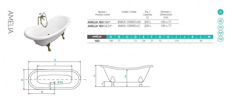 BESCO Amelia wanna wolnostojąca 190x77 biały + nogi chrom WKA-190WO+C