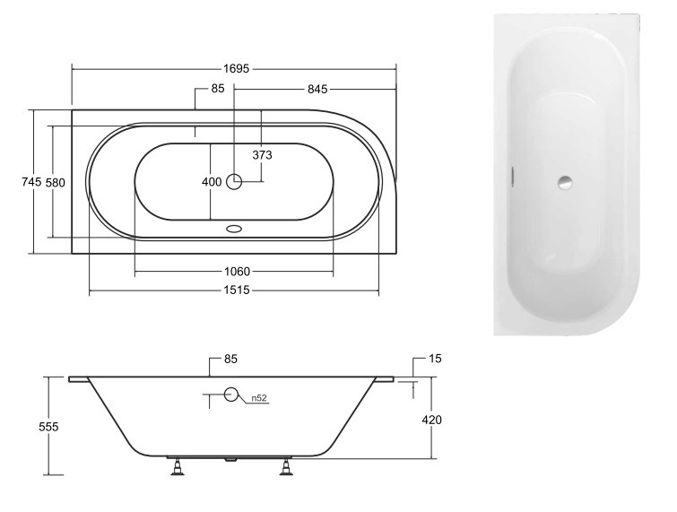 BESCO Avita Slim+ wanna asymetryczna prawa 170x75 z syfonem chrom połysk akryl biały WAV-170-PPZ