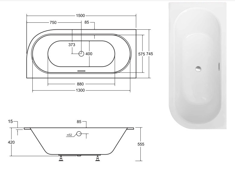 BESCO Avita Slim+ wanna asymetryczna lewa 150x75 z syfonem chrom połysk akryl biały WAV-150-L/S+