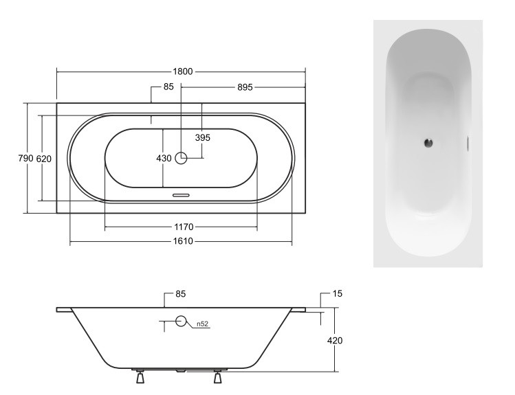 BESCO Vitae Slim+ wanna prostokątna 180x80 cm z syfonem złotym akryl biały WAV-180-SZ+