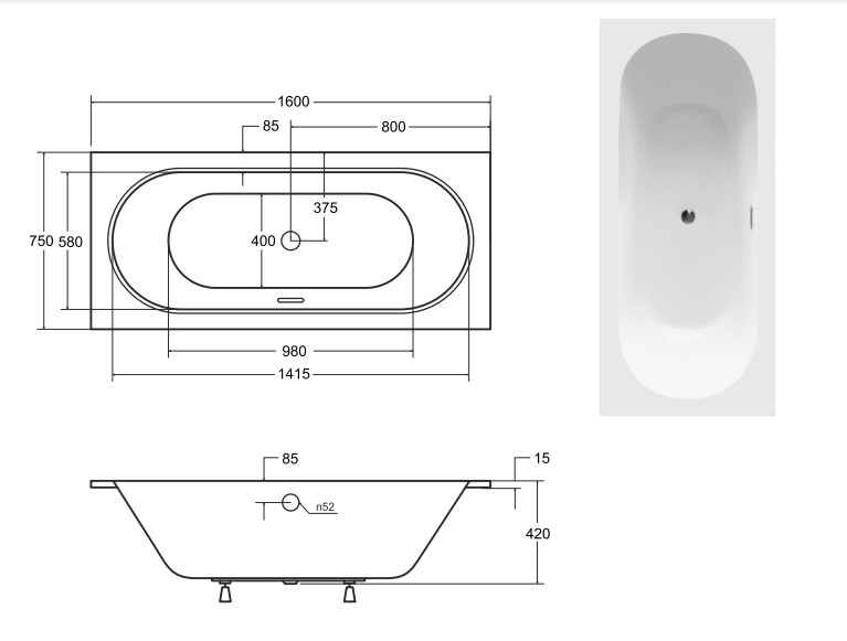BESCO Vitae Slim+ wanna prostokątna 160x75 cm z syfonem złotym akryl biały WAV-160-SZ+