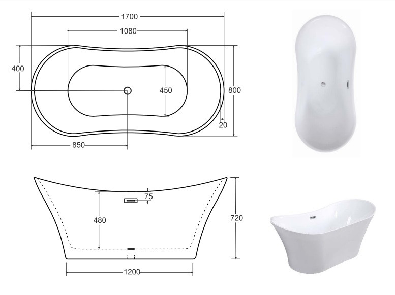 Besco Amber wanna wolnostojąca 170x80 cm akryl biały + syfon chrom WAS-170-AB