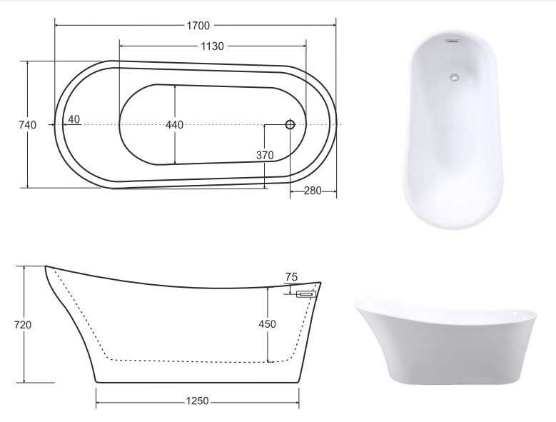 Besco Calima wanna wolnostojąca 170x74 cm akryl biały + syfon czarny WAS-170-CCZ