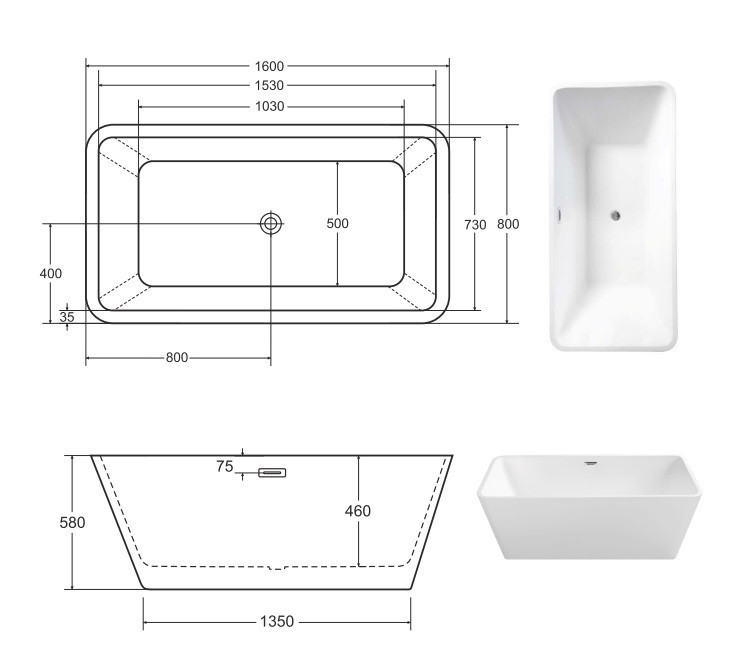 Besco Evita wanna wolnostojąca 160x80 cm akryl biały + syfon czarny WAS-160-ECZ