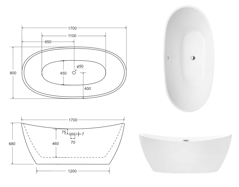 Besco Ayla wanna wolnostojąca 170x80 cm akryl biały + syfon złoty WAS-170-AZL