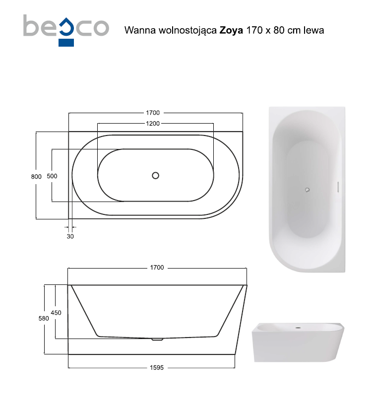 Besco Zoya wanna wolnostojąca przyścienna lewa 170x80 cm akryl biały + syfon biały WAS-170-ZLB