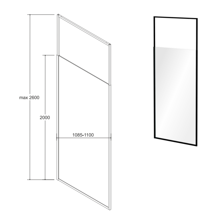 BESCO Icon Black kabina Walk-In 110 cm wspornik sufitowy 200-260 cm przeźroczyste czarny mat ProClean IC-110-200C