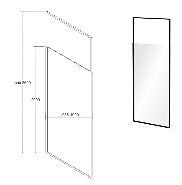 BESCO Icon Black kabina Walk-In 100 cm wspornik sufitowy 200-260 cm przeźroczyste czarny mat ProClean IC-100-200C