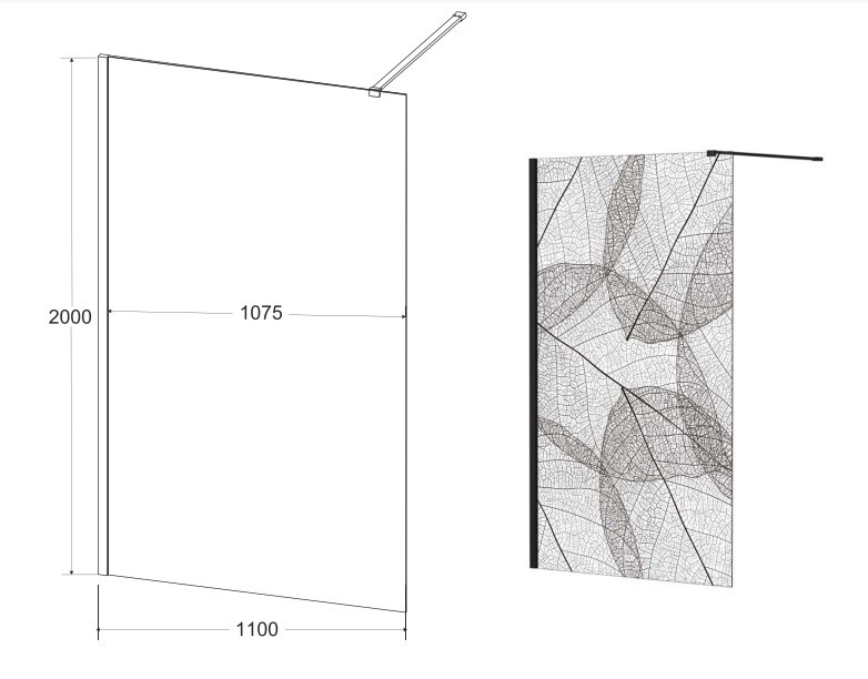 Besco Leafy kabina prysznicowa walk-in 110 cm przeźroczyste czarny/motyw liści ProClean LF-110-200C