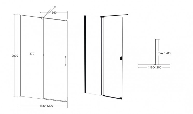 Besco Vayo Black kabina Walk-In ścianka suwana 120 cm L/P przeźroczyste czarny ProClean VYB-120-200C