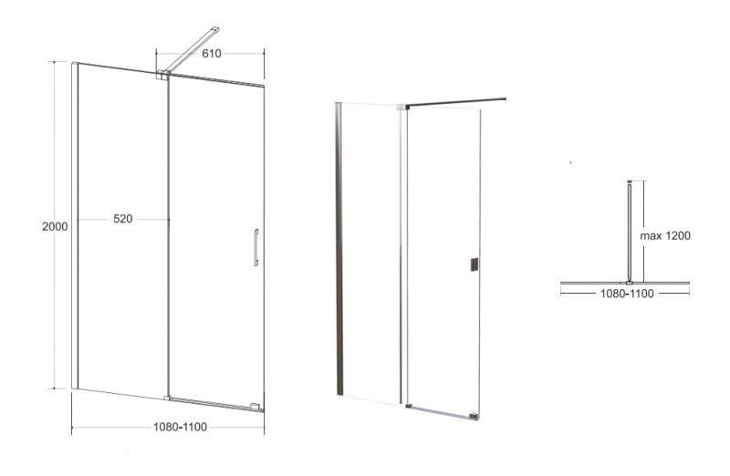 Besco Vayo Black kabina Walk-In ścianka suwana 110 cm L/P przeźroczyste czarny ProClean VYB-110-200C