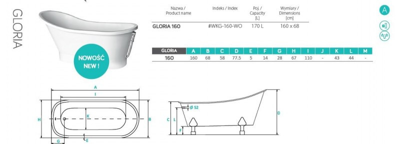 BESCO Gloria wanna wolnostojąca 160x68 cm Mineral DuraBe + syfon biały WMD-160-GLW