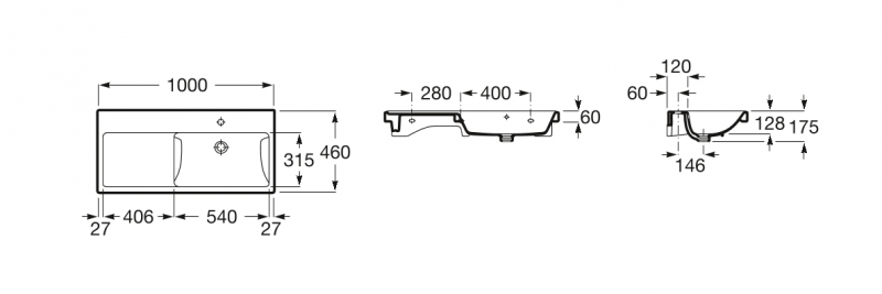 Roca Alter umywalka wisząca asymetryczna 100x46 PRAWA biały Supraglaze A3270MES00