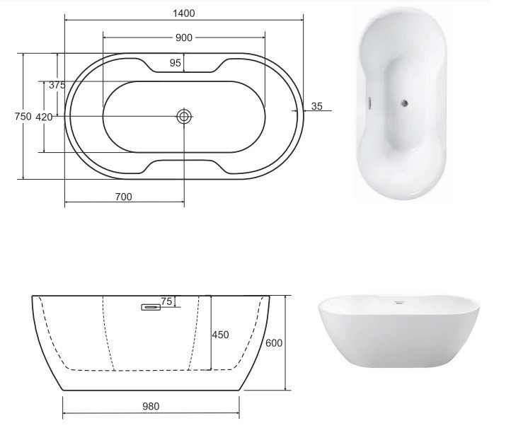 Besco Navia Glam wanna wolnostojąca 140x75 cm akryl grafitowa + syfon grafit WA-140-NGR