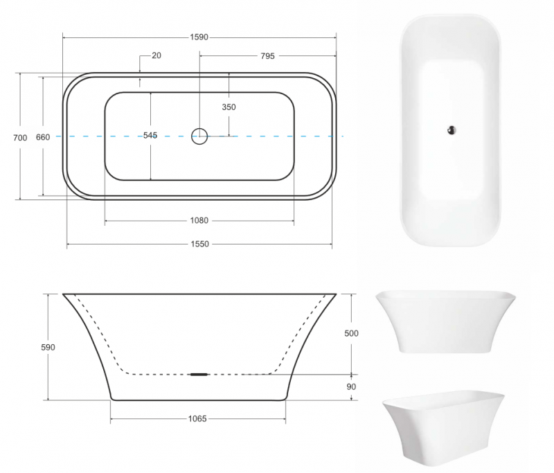 Besco Assos S-Line wanna wolnostojąca 160x70 lany marmur + syfon czarny WMD-160-ASB