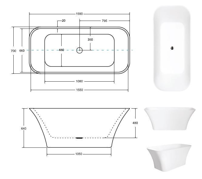 Besco Assos wanna wolnostojąca 160x70 lany marmur + syfon grafit WMD-160-AGR