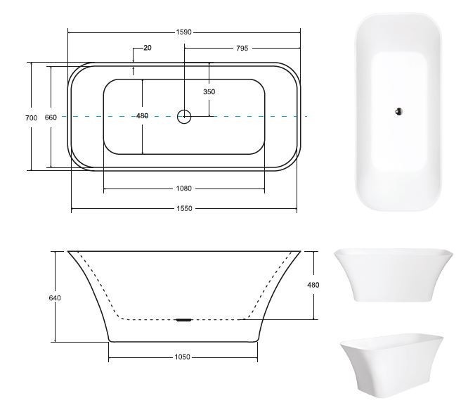 Besco Assos wanna wolnostojąca 160x70 lany marmur + syfon złoty WMD-160-AKG