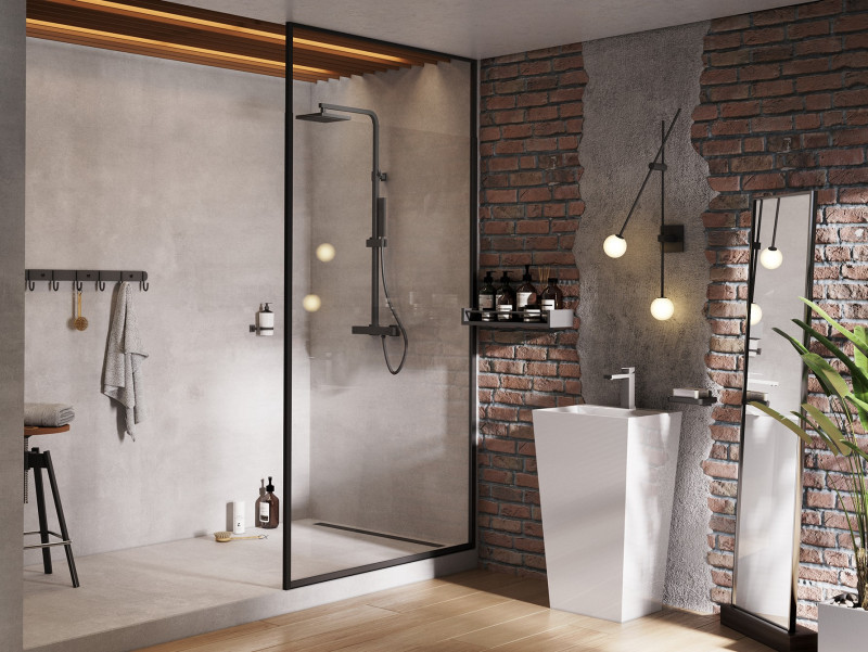 BESCO Icon Black kabina Walk-In 120 cm wspornik sufitowy 200-260 cm przeźroczyste czarny mat ProClean IC-120-200C