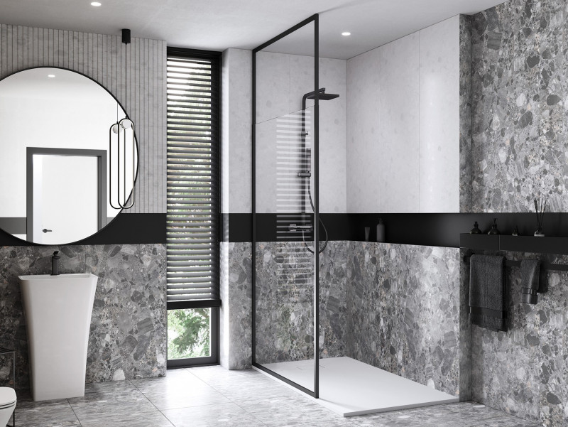 BESCO Icon Black kabina Walk-In 100 cm wspornik sufitowy 200-260 cm przeźroczyste czarny mat ProClean IC-100-200C