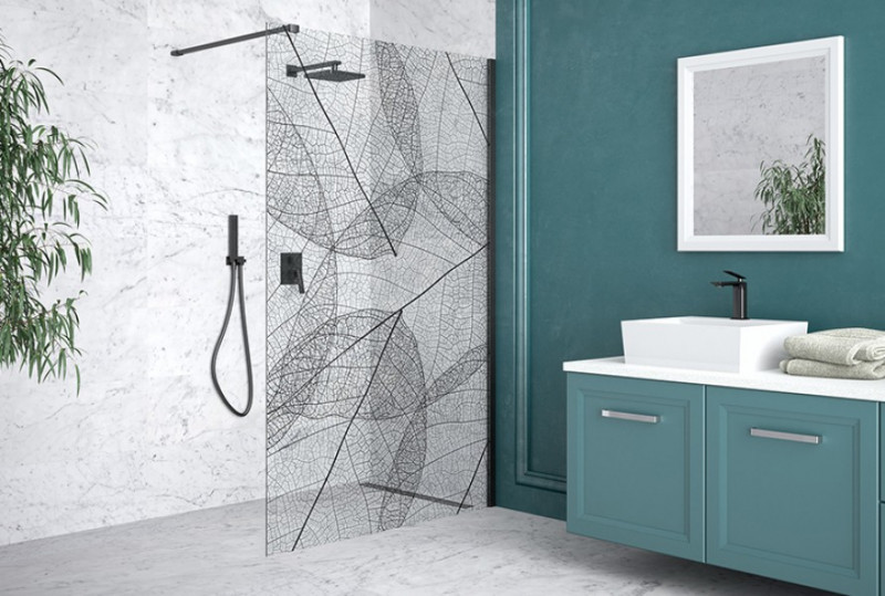 Besco Leafy kabina prysznicowa walk-in 100 cm przeźroczyste czarny/motyw liści ProClean LF-100-200C